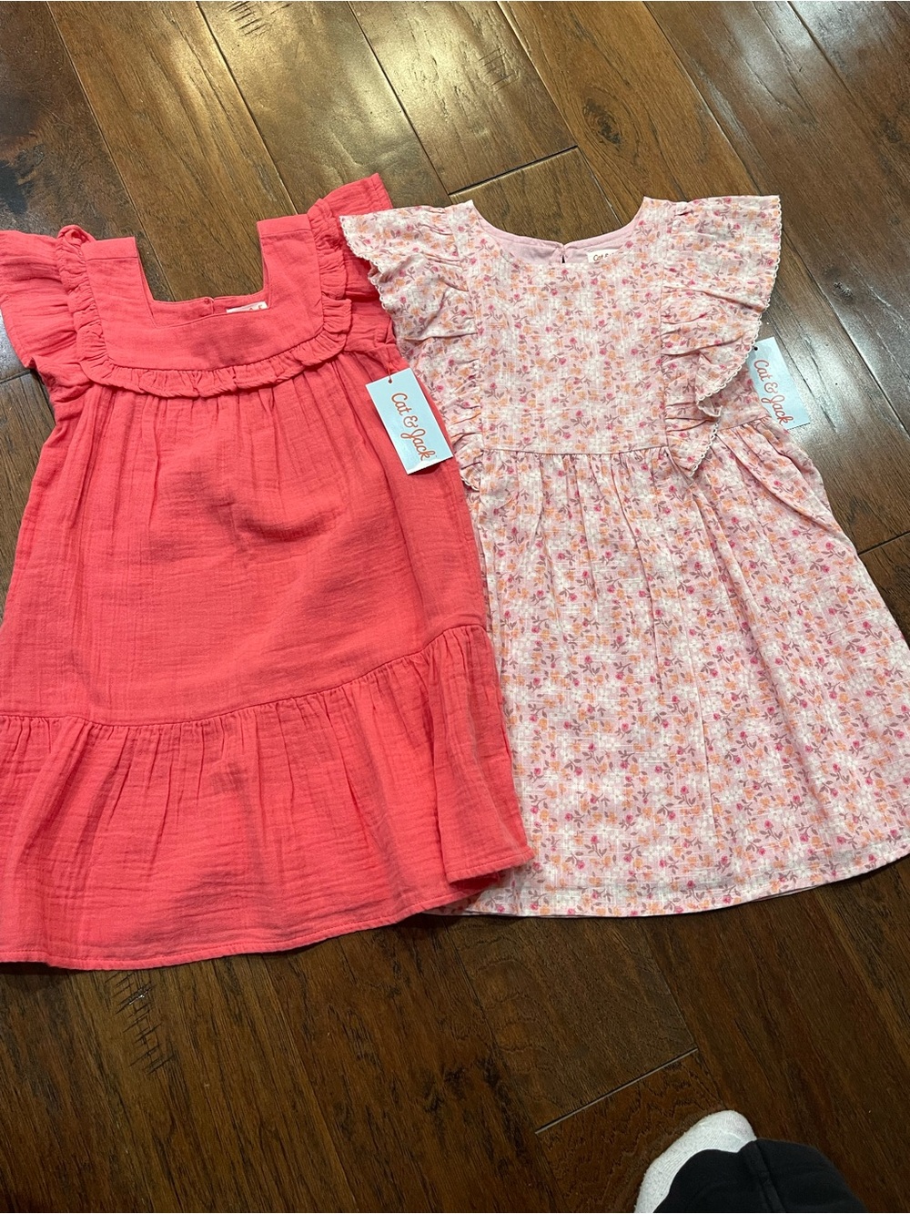 Cat & Jack Coral Dress and Pink Floral Ruffle Dress Set